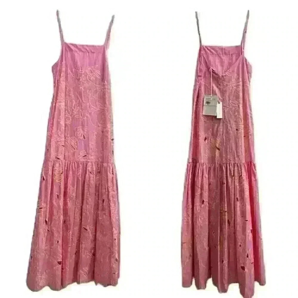 Anthropologie + Beatrice B Square Neck pink embroidered floral Maxi Dress Sz 0 - Picture 1 of 7